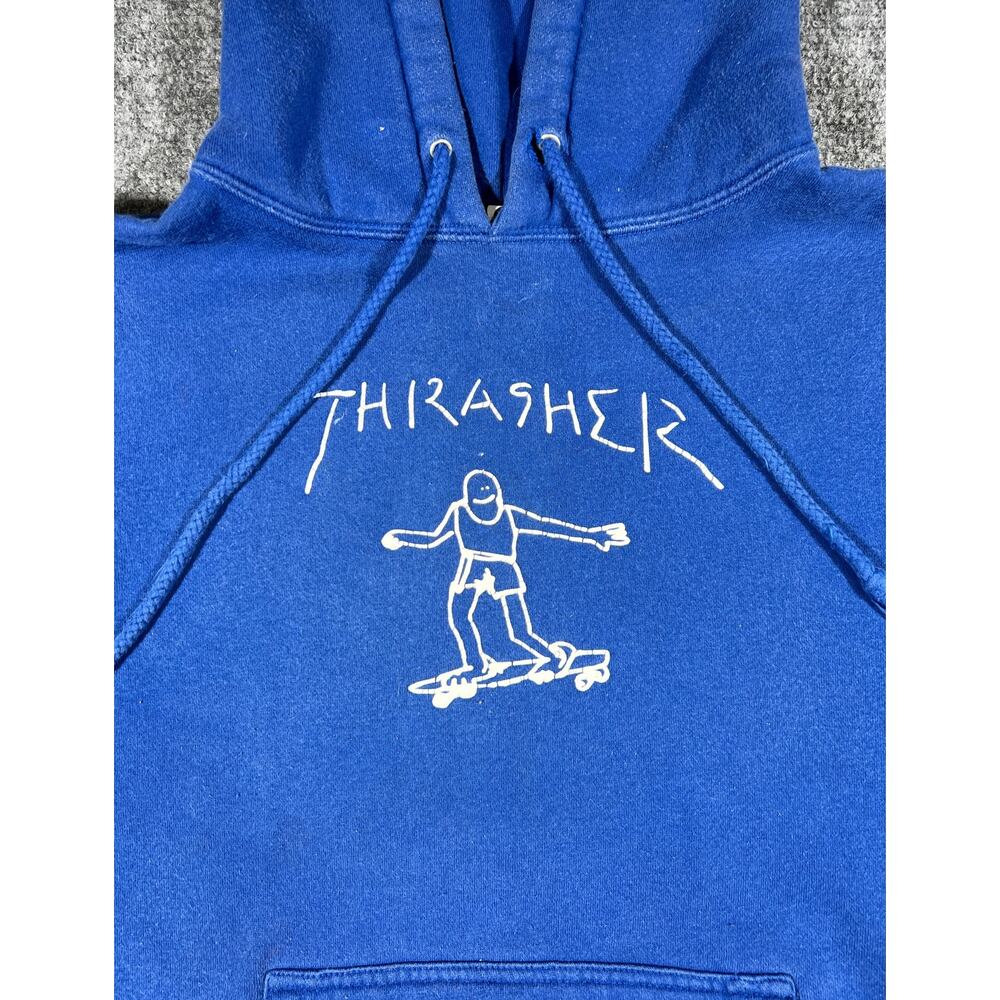 Y2K Thrasher Skateboard Magazine Blue Pullover Hoodie Medium
